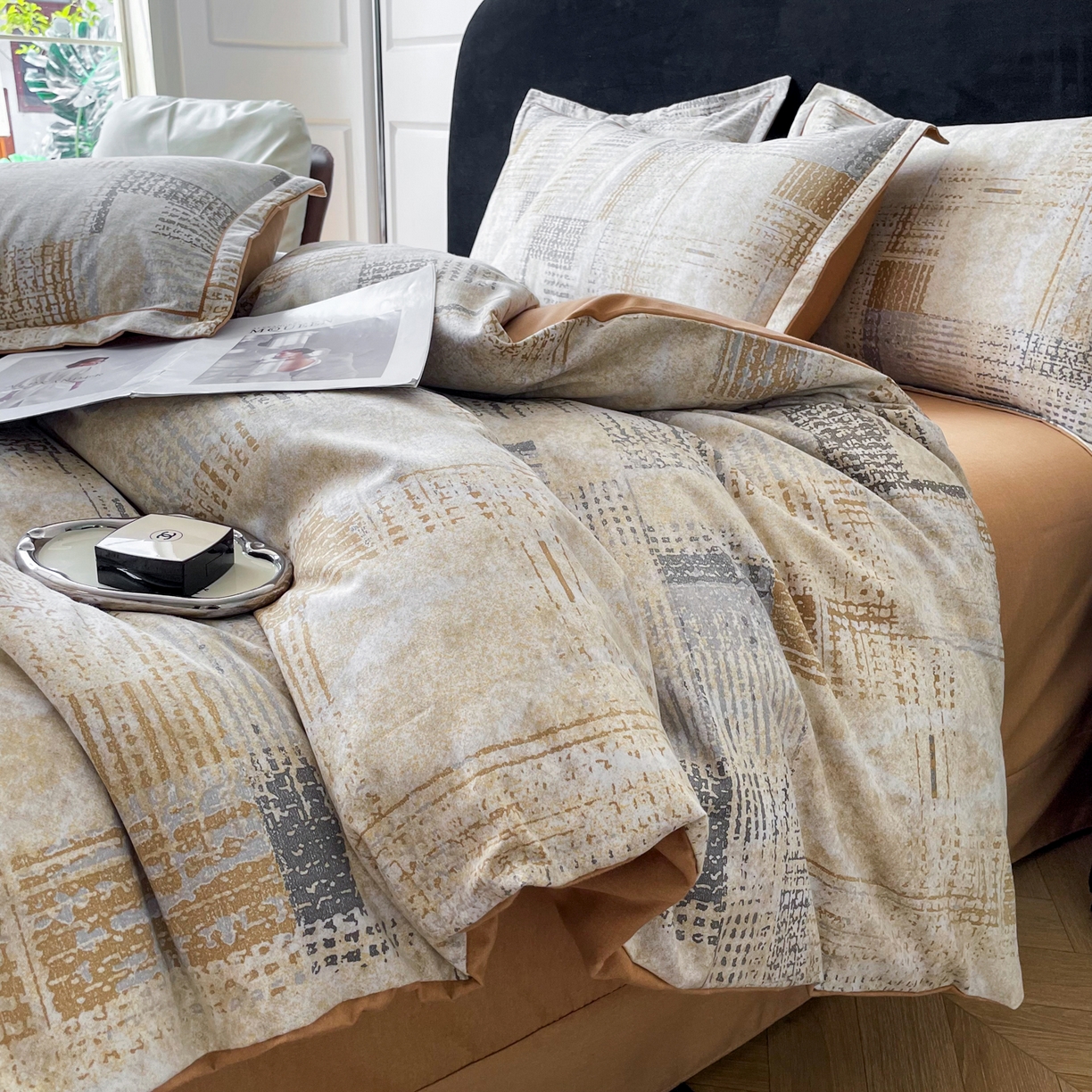 91家纺网 家纺一手货源 找家纺 洁柔直播新款全棉磨毛喷气印花四件套加厚纯棉三件套（一字绣工艺款）渐变卡其