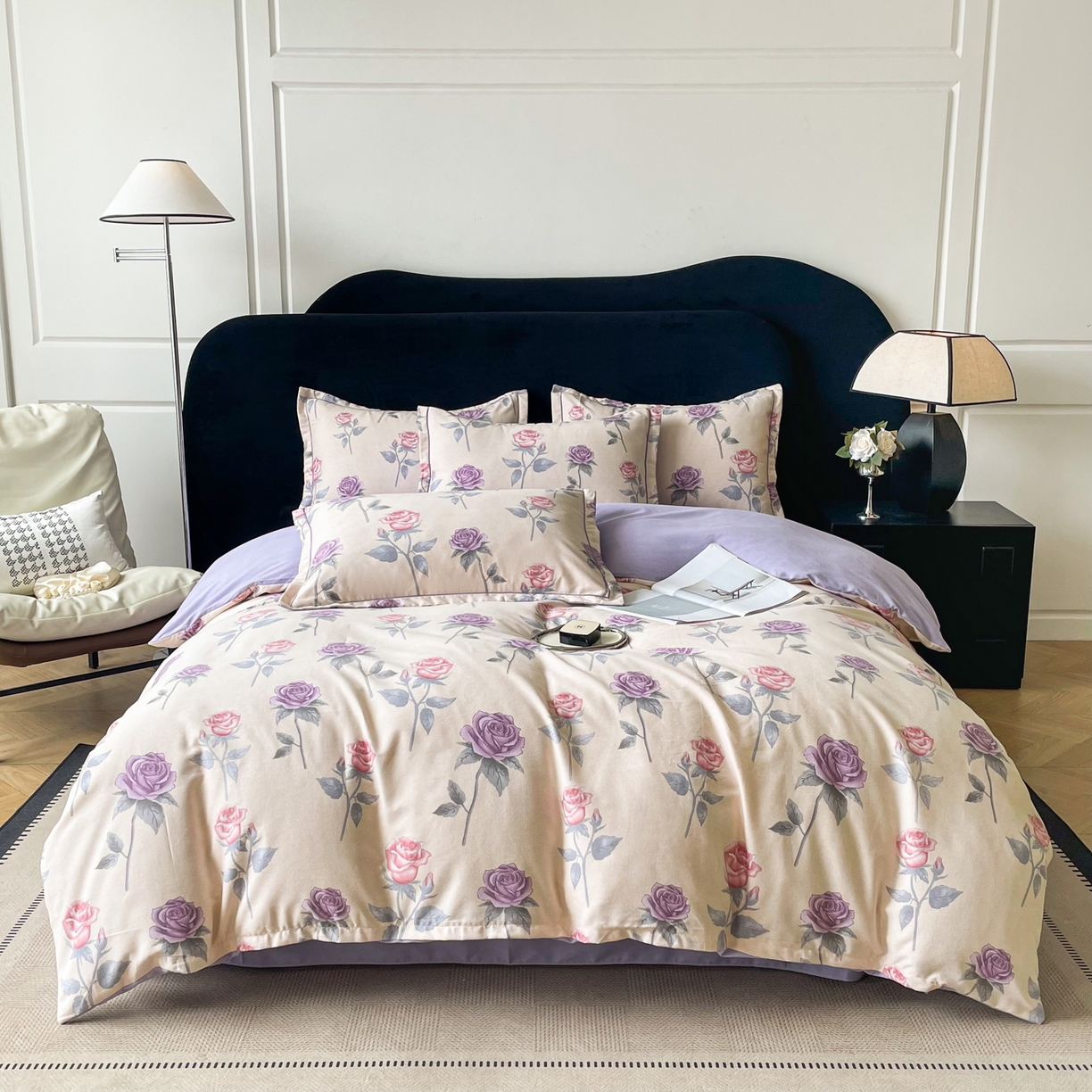 洁柔直播新款全棉磨毛喷气印花四件套加厚纯棉三件套（一字绣工艺款）幸福玫瑰