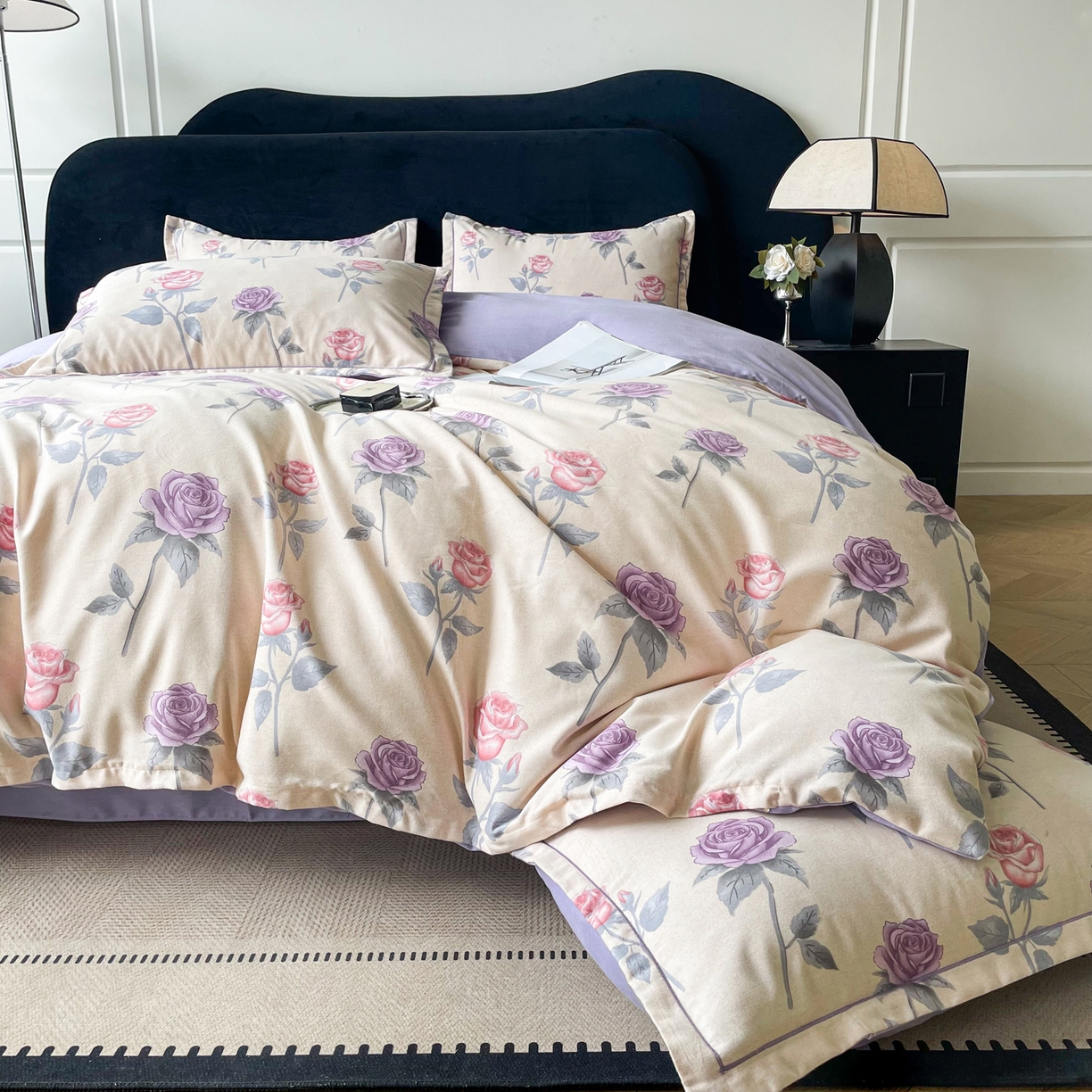 91家纺网 家纺一手货源 找家纺 洁柔直播新款全棉磨毛喷气印花四件套加厚纯棉三件套（一字绣工艺款）幸福玫瑰