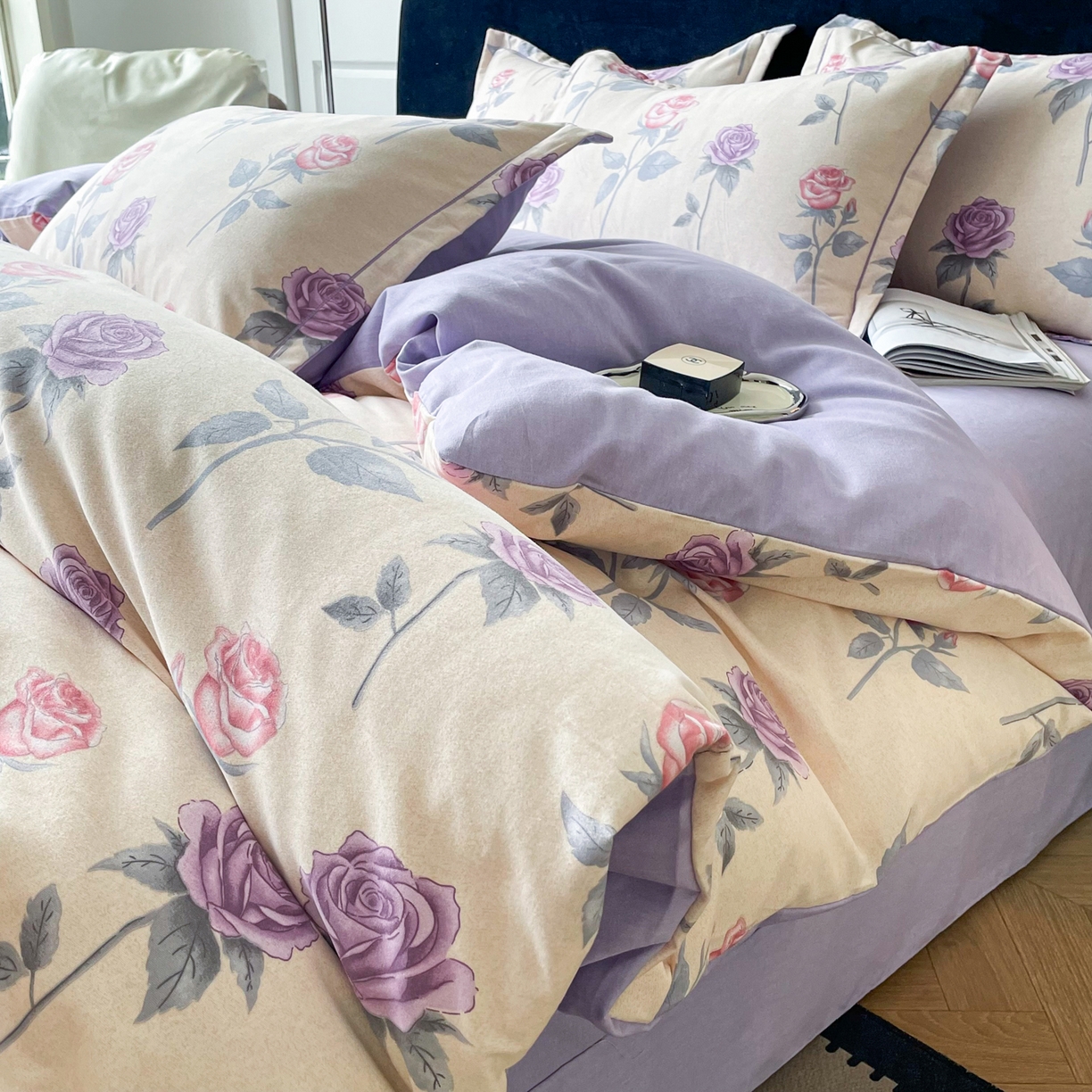 91家纺网 家纺一手货源 找家纺 洁柔直播新款全棉磨毛喷气印花四件套加厚纯棉三件套（一字绣工艺款）幸福玫瑰