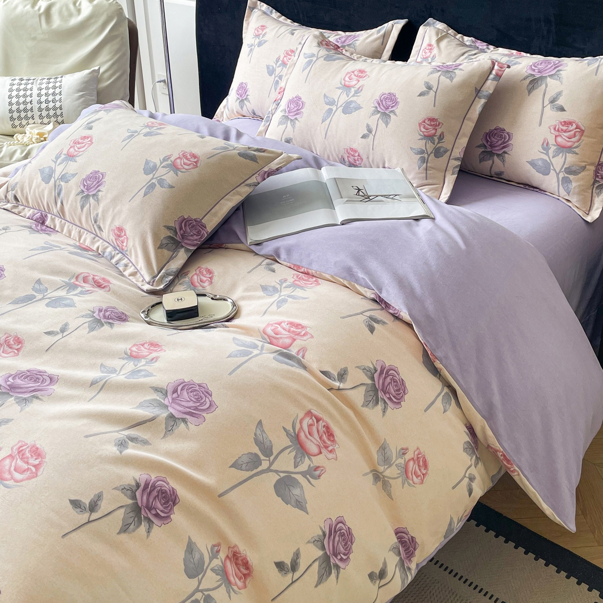 91家纺网 家纺一手货源 找家纺 洁柔直播新款全棉磨毛喷气印花四件套加厚纯棉三件套（一字绣工艺款）幸福玫瑰