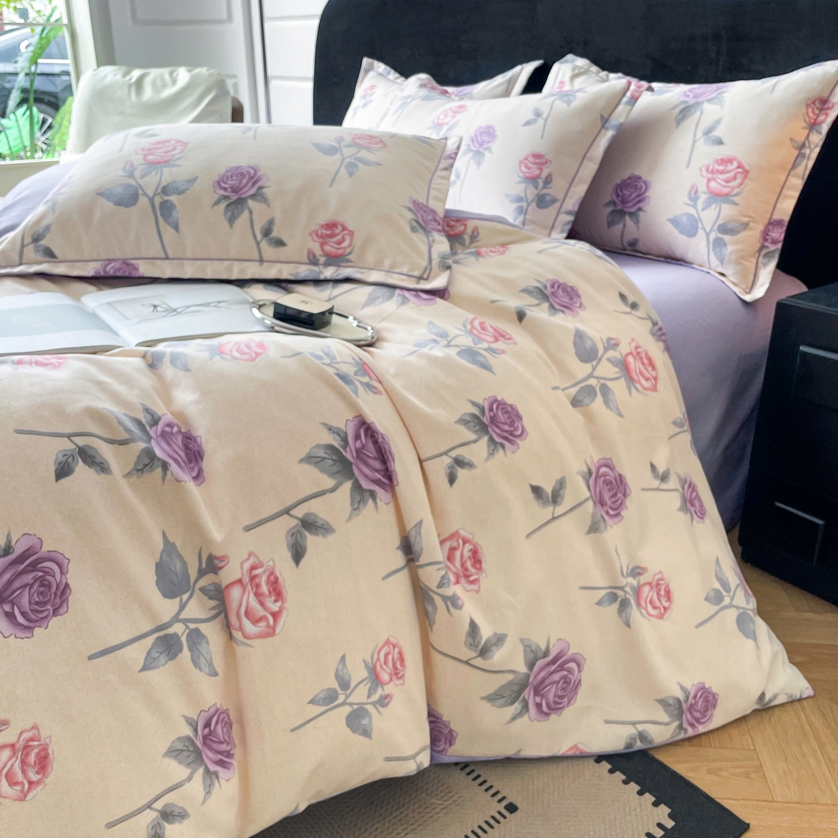 91家纺网 家纺一手货源 找家纺 洁柔直播新款全棉磨毛喷气印花四件套加厚纯棉三件套（一字绣工艺款）幸福玫瑰