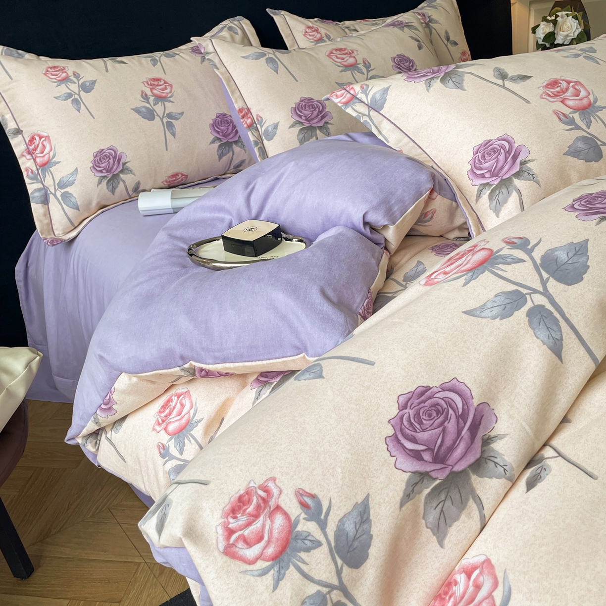 91家纺网 家纺一手货源 找家纺 洁柔直播新款全棉磨毛喷气印花四件套加厚纯棉三件套（一字绣工艺款）幸福玫瑰