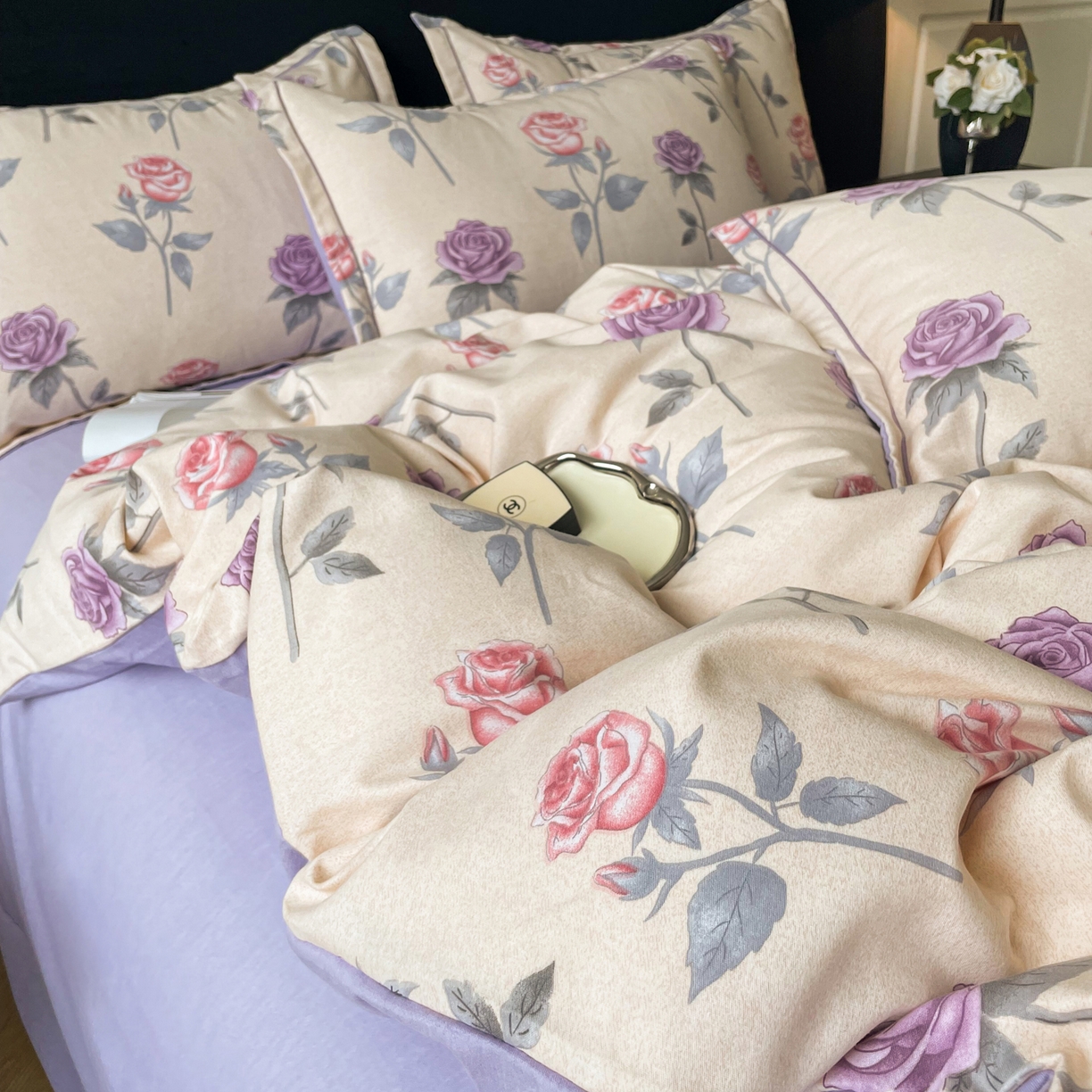 91家纺网 家纺一手货源 找家纺 洁柔直播新款全棉磨毛喷气印花四件套加厚纯棉三件套（一字绣工艺款）幸福玫瑰