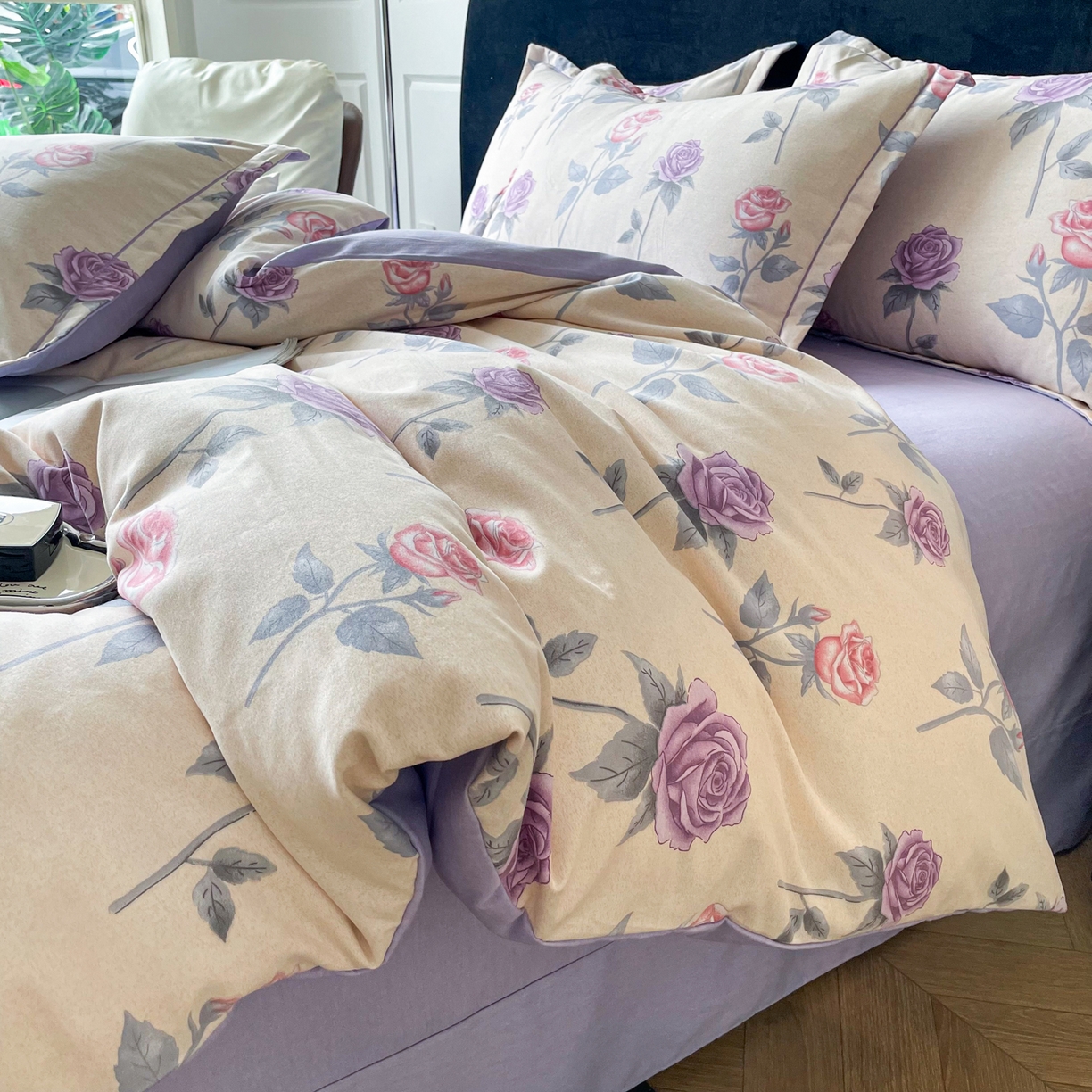 91家纺网 家纺一手货源 找家纺 洁柔直播新款全棉磨毛喷气印花四件套加厚纯棉三件套（一字绣工艺款）幸福玫瑰