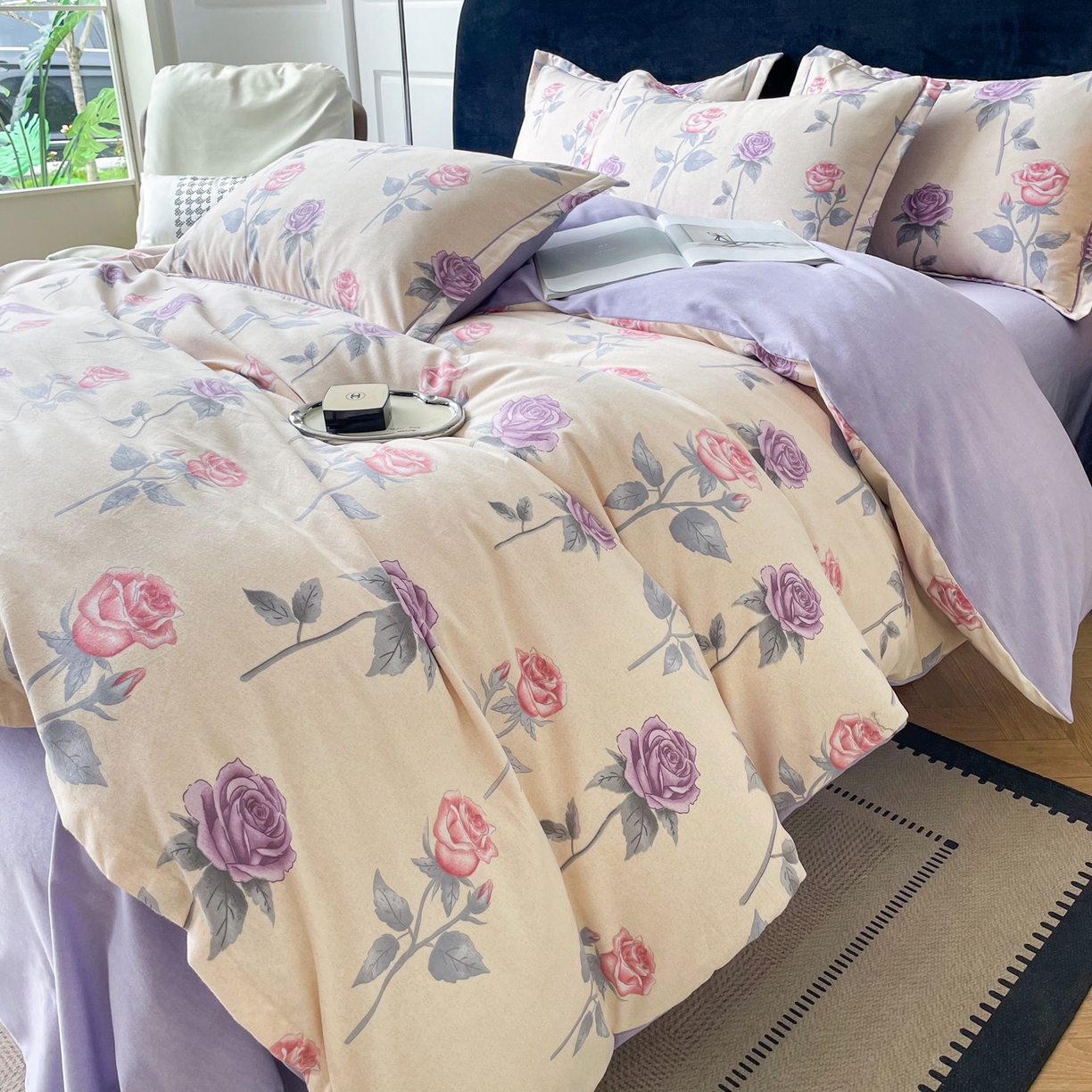 91家纺网 家纺一手货源 找家纺 洁柔直播新款全棉磨毛喷气印花四件套加厚纯棉三件套（一字绣工艺款）幸福玫瑰