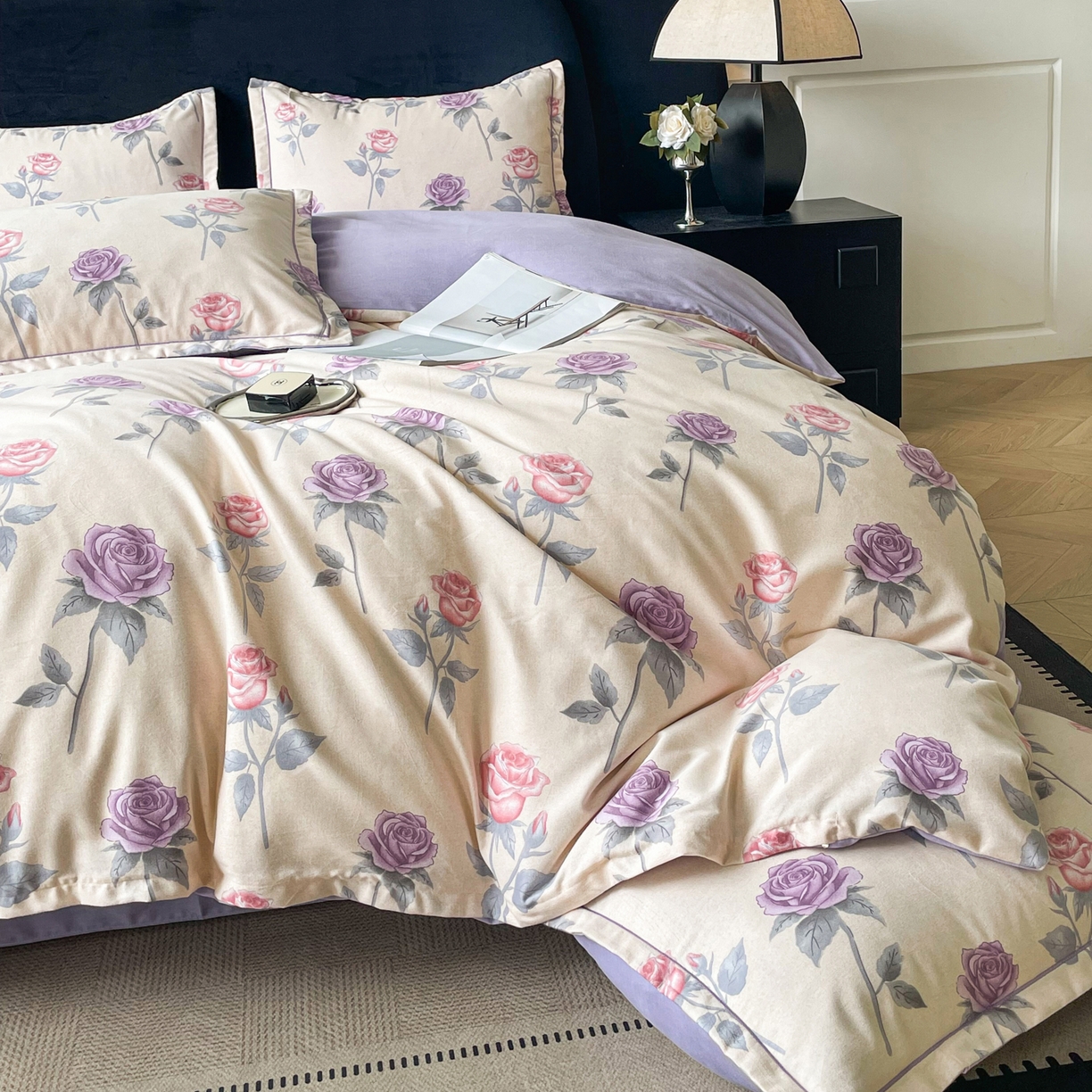 91家纺网 家纺一手货源 找家纺 洁柔直播新款全棉磨毛喷气印花四件套加厚纯棉三件套（一字绣工艺款）幸福玫瑰