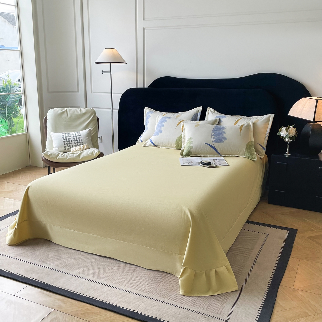 91家纺网 家纺一手货源 找家纺 洁柔直播新款全棉磨毛喷气印花四件套加厚纯棉三件套（一字绣工艺款）羽毛诗情