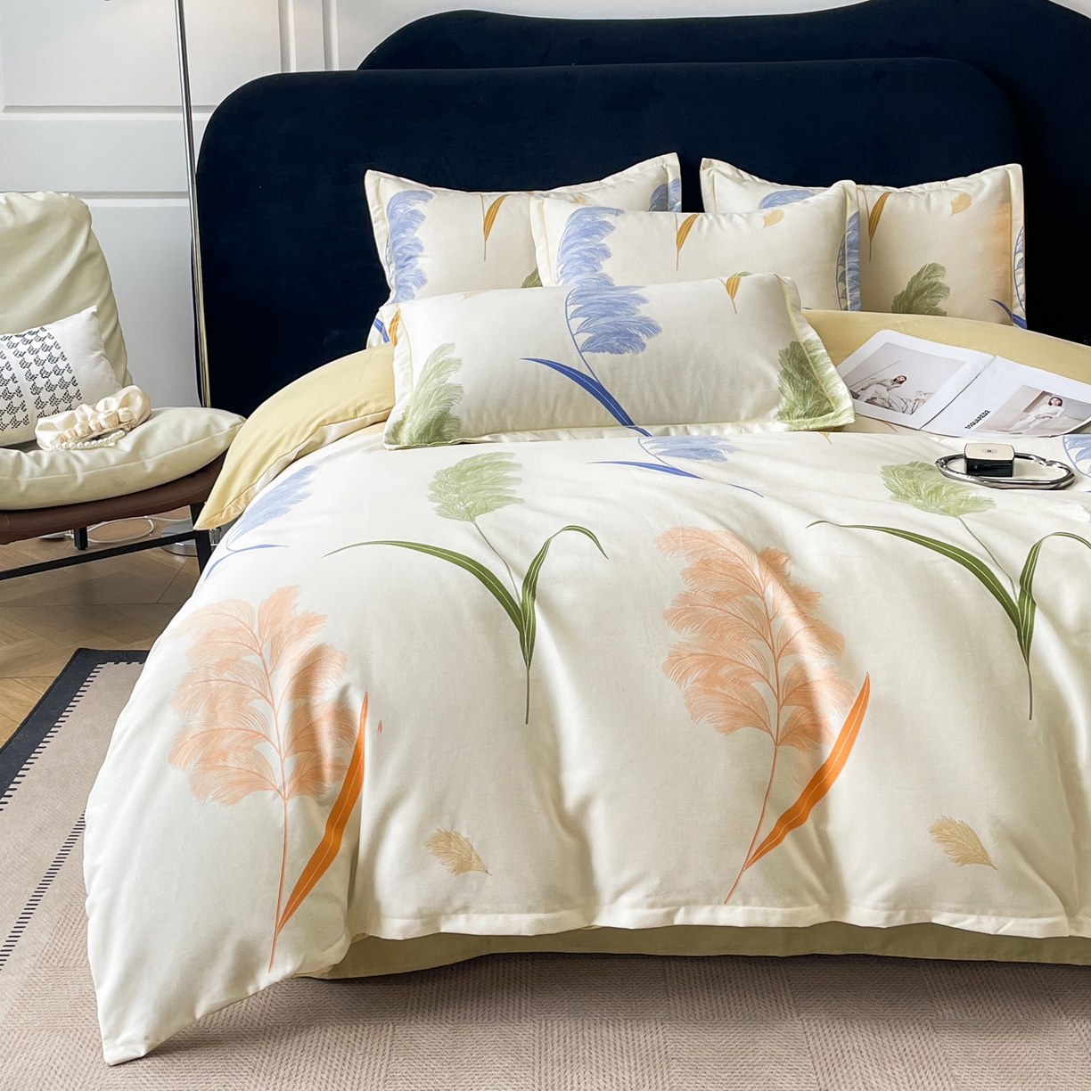 91家纺网 家纺一手货源 找家纺 洁柔直播新款全棉磨毛喷气印花四件套加厚纯棉三件套（一字绣工艺款）羽毛诗情