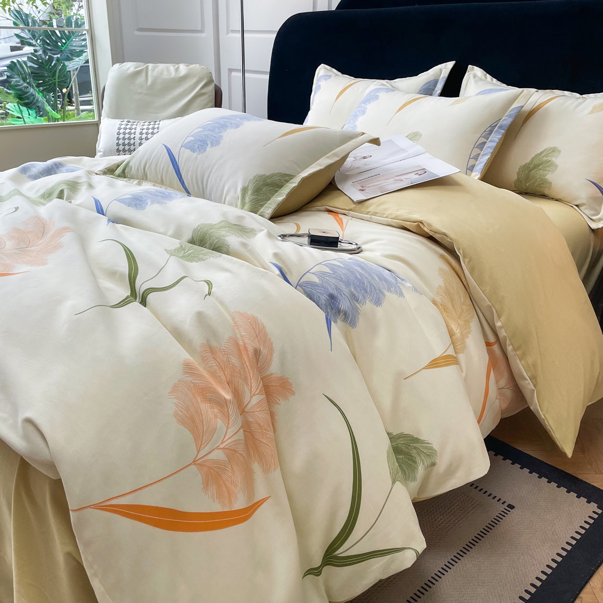 91家纺网 家纺一手货源 找家纺 洁柔直播新款全棉磨毛喷气印花四件套加厚纯棉三件套（一字绣工艺款）羽毛诗情