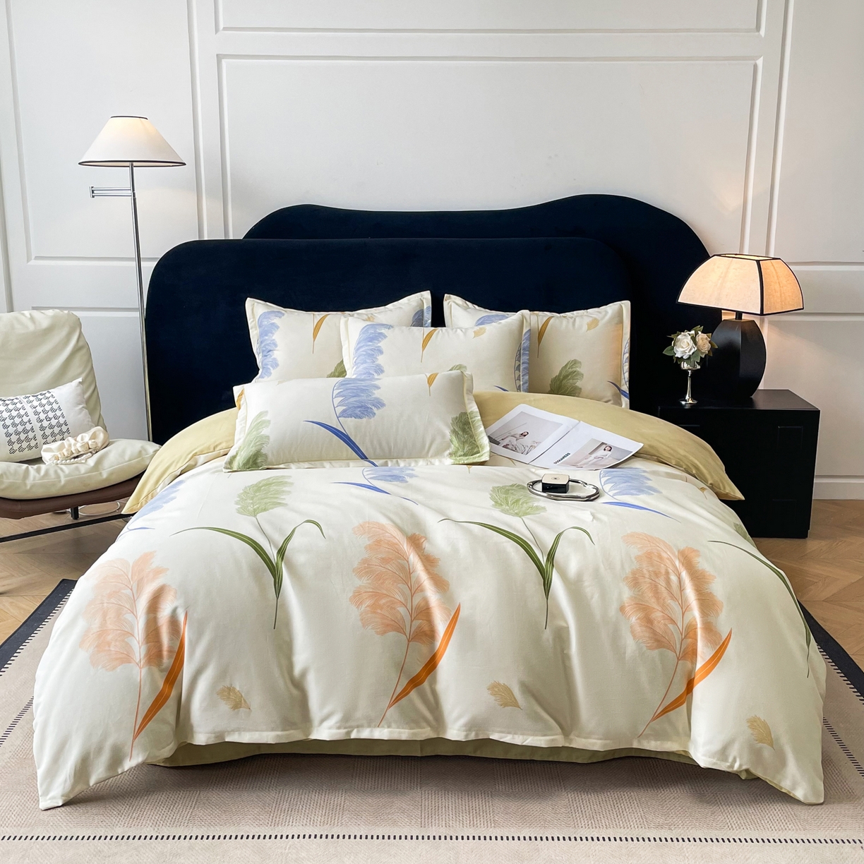 91家纺网 家纺一手货源 找家纺 洁柔直播新款全棉磨毛喷气印花四件套加厚纯棉三件套（一字绣工艺款）羽毛诗情,羽毛诗情