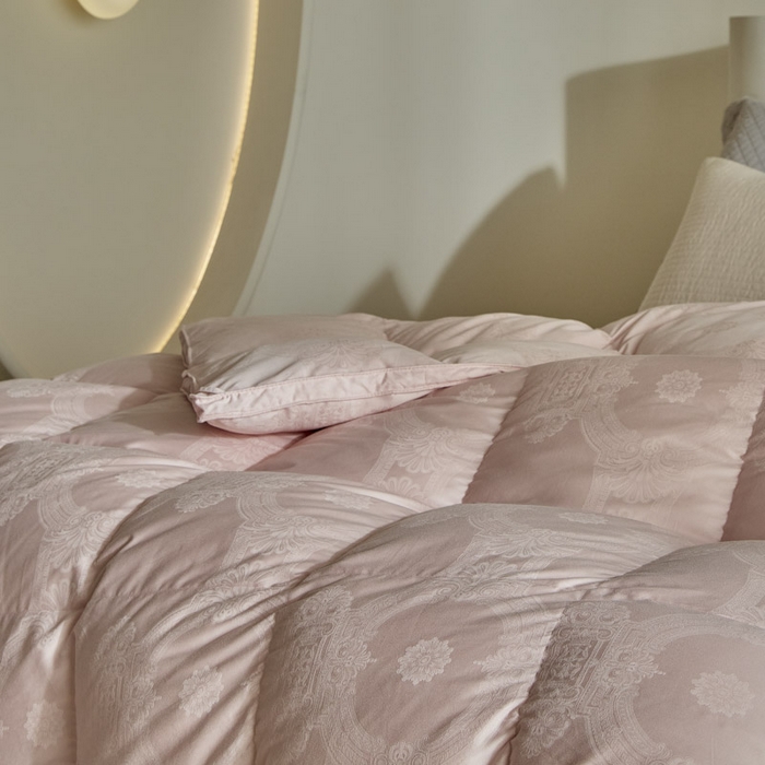 91家纺网 家纺一手货源 找家纺 暖羽屋羽绒馆 2025新款绒子95白鸭绒60纯棉大提花羽绒被芯 羽绒被子 双人加厚冬被春秋被普希斯系列 普希斯 粉