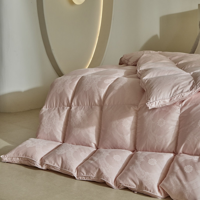 91家纺网 家纺一手货源 找家纺 暖羽屋羽绒馆 2025新款绒子95白鸭绒60纯棉大提花羽绒被芯 羽绒被子 双人加厚冬被春秋被普希斯系列 普希斯 粉