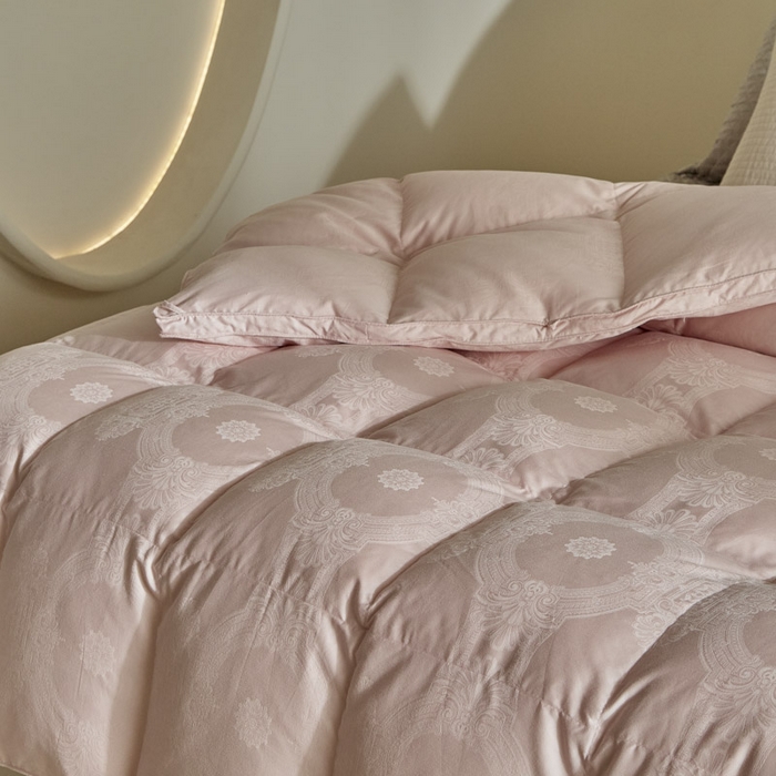 91家纺网 家纺一手货源 找家纺 暖羽屋羽绒馆 2025新款绒子95白鸭绒60纯棉大提花羽绒被芯 羽绒被子 双人加厚冬被春秋被普希斯系列 普希斯 粉