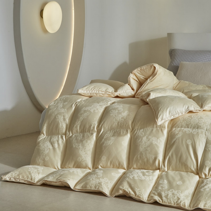 91家纺网 家纺一手货源 找家纺 暖羽屋羽绒馆 2025新款绒子95白鸭绒60纯棉大提花羽绒被芯 羽绒被子 双人加厚冬被春秋被普希斯系列 普希斯 棕金