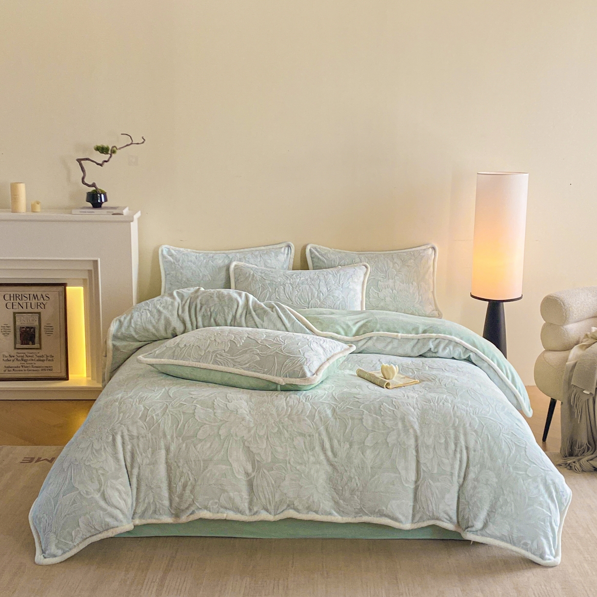 91家纺网 家纺一手货源 找家纺 绘萱家居 2025新款爆款高密消光包边雕花牛奶绒四件套立体5D 牡丹花开-绿