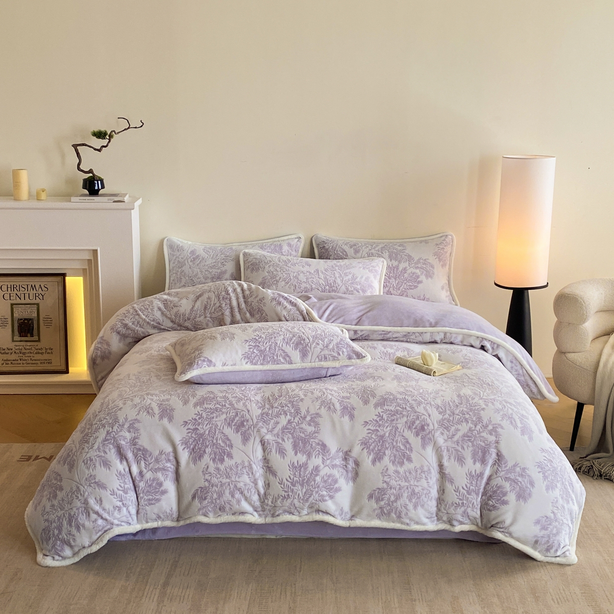 91家纺网 家纺一手货源 找家纺 绘萱家居 2025新款爆款高密消光包边雕花牛奶绒四件套立体5D 圣彼得-紫