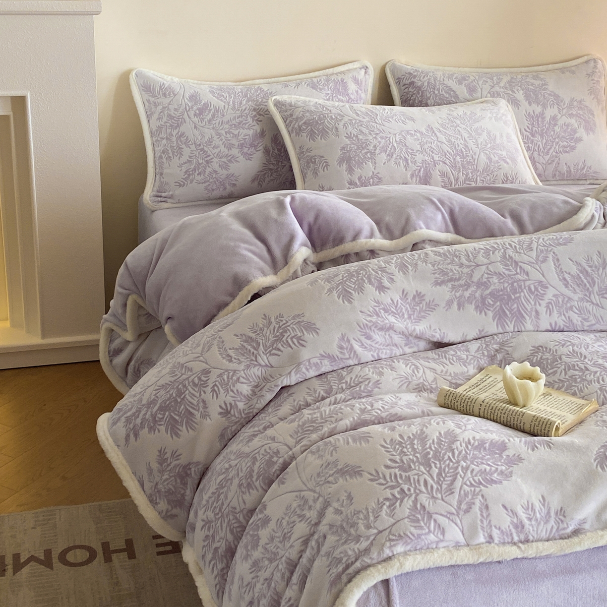 91家纺网 家纺一手货源 找家纺 绘萱家居 2025新款爆款高密消光包边雕花牛奶绒四件套立体5D 圣彼得-紫