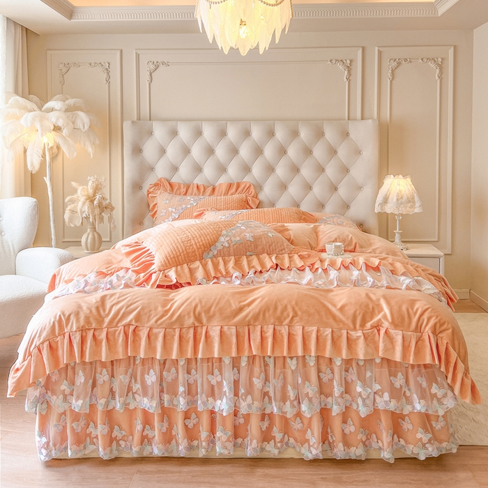 91家纺网 家纺一手货源 找家纺 （总）瑞宝 2025新款宝宝绒重工刺绣花边床裙四件套-梦蝶（控价 318起）