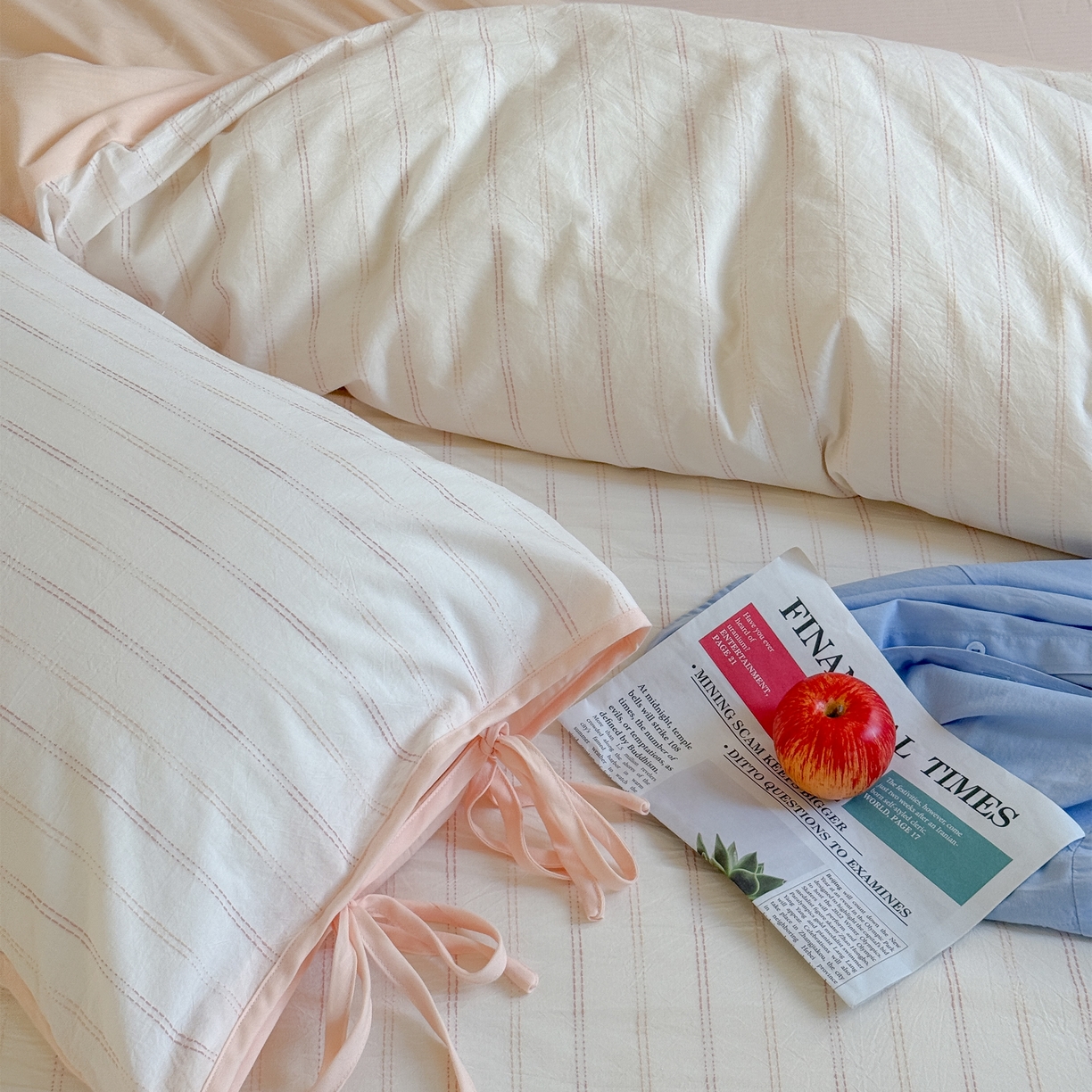 91家纺网 家纺一手货源 找家纺 （总）小春日和 2025新款全棉提花条纹四件套纯棉人字纹水洗提花绑带款四件套民宿四件套纯色床单1.8床笠简约被套