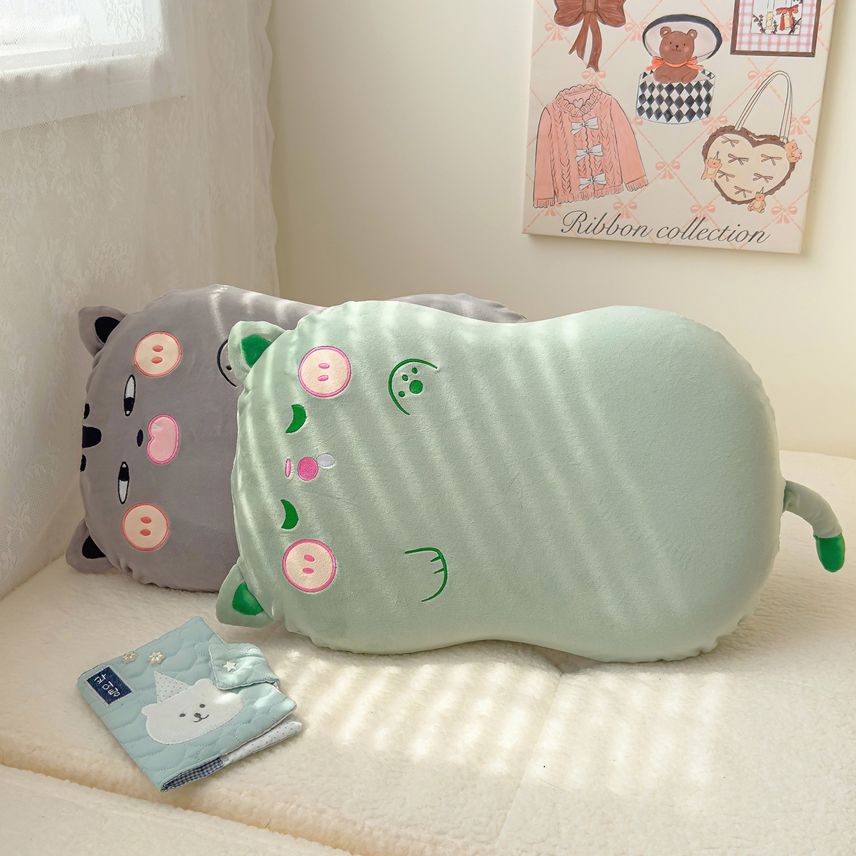 91家纺网 家纺一手货源 找家纺 诺可 2025新款绒款猫肚枕记忆枕枕头枕芯-招财猫 招财猫-绿色