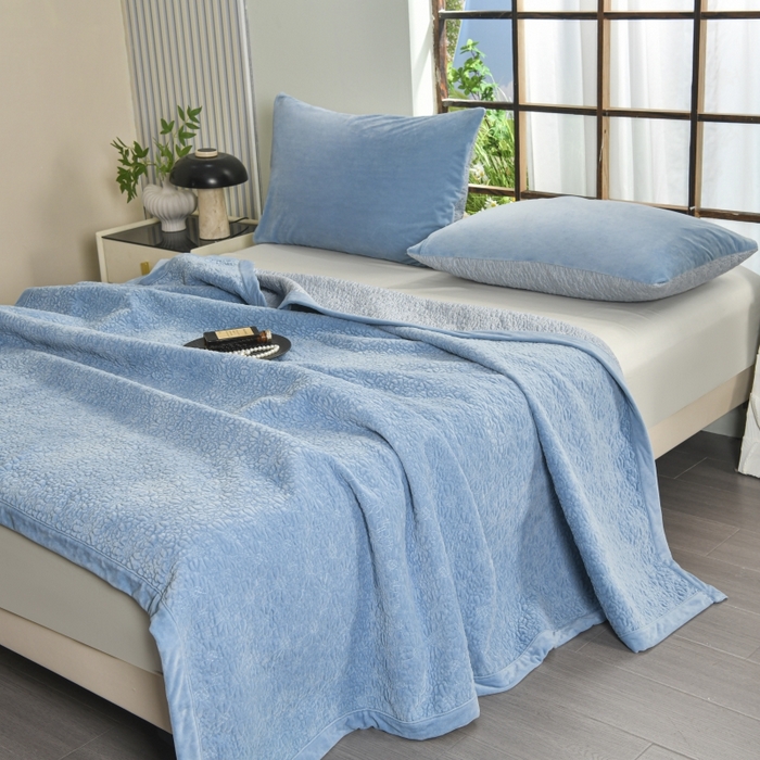91家纺网 家纺一手货源 找家纺 源舜家纺 2025新款天丝棉婴儿绒双面单床盖 天丝棉蓝色
