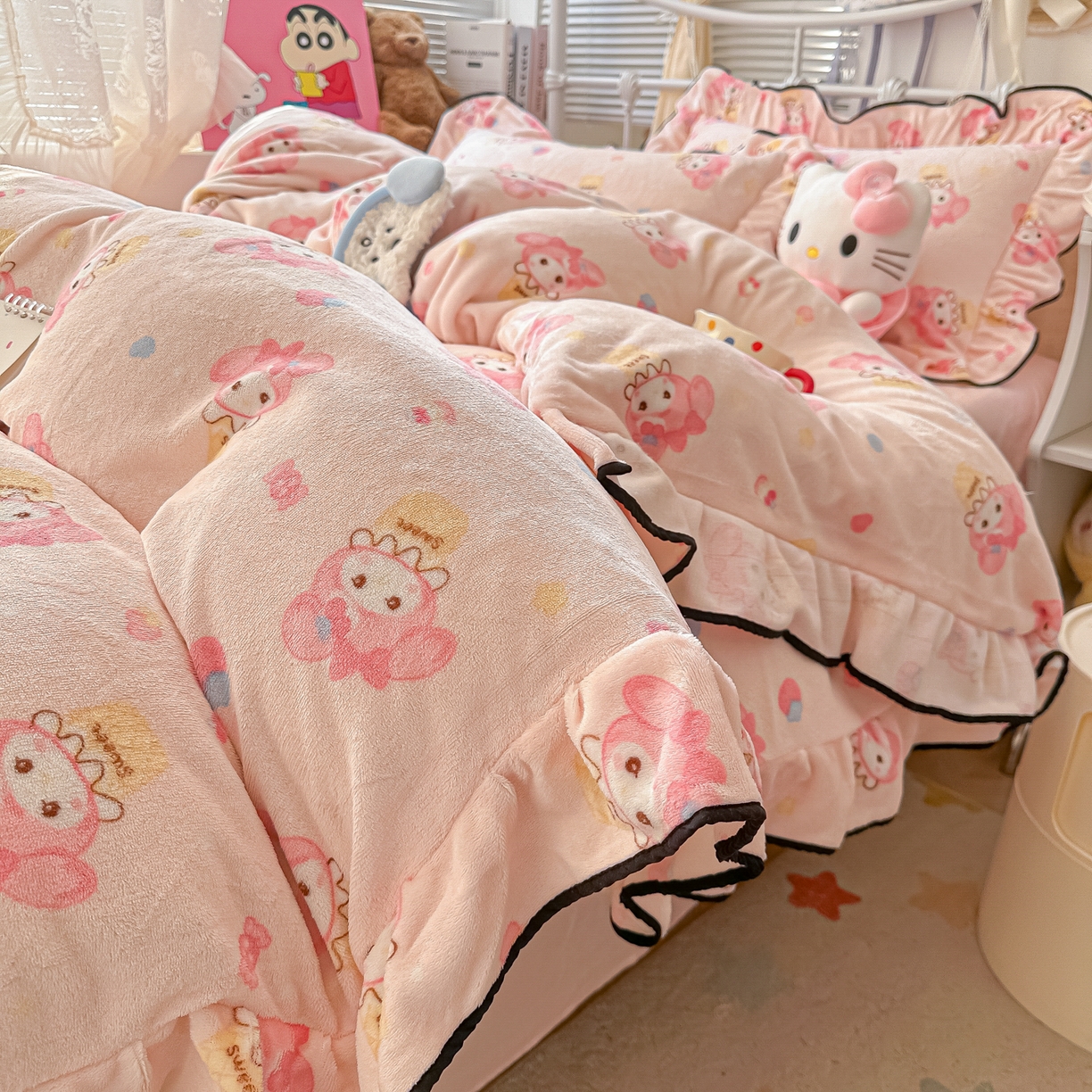 91家纺网 家纺一手货源 找家纺 韩都家居 2025新款亲肤舒适韩版温暖牛奶绒四件套-花边款 美乐