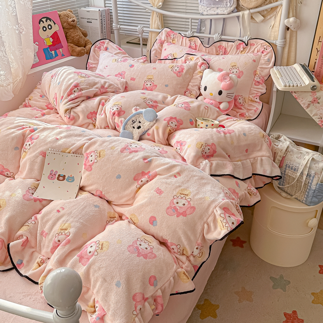 91家纺网 家纺一手货源 找家纺 韩都家居 2025新款亲肤舒适韩版温暖牛奶绒四件套-花边款 美乐