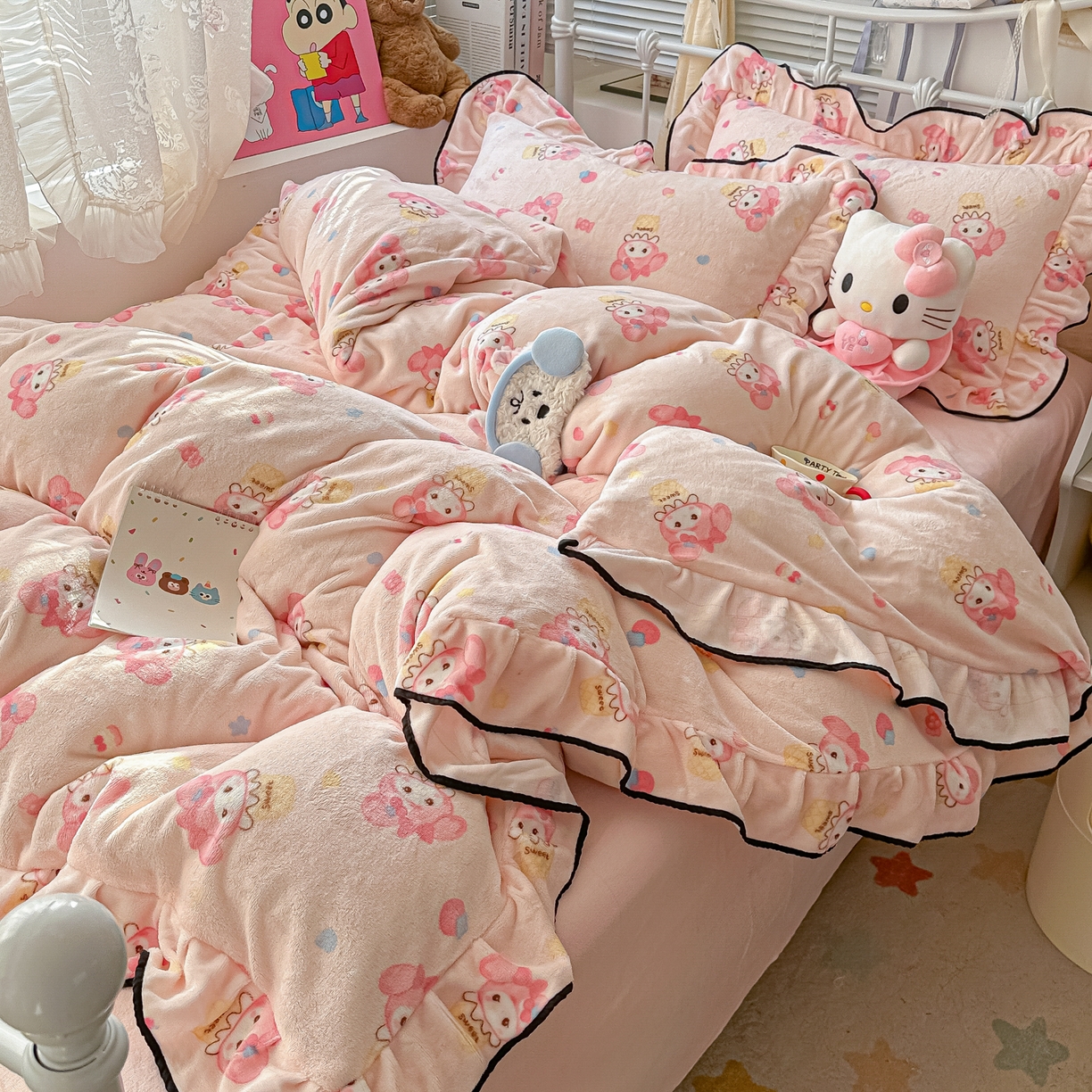 91家纺网 家纺一手货源 找家纺 韩都家居 2025新款亲肤舒适韩版温暖牛奶绒四件套-花边款 美乐