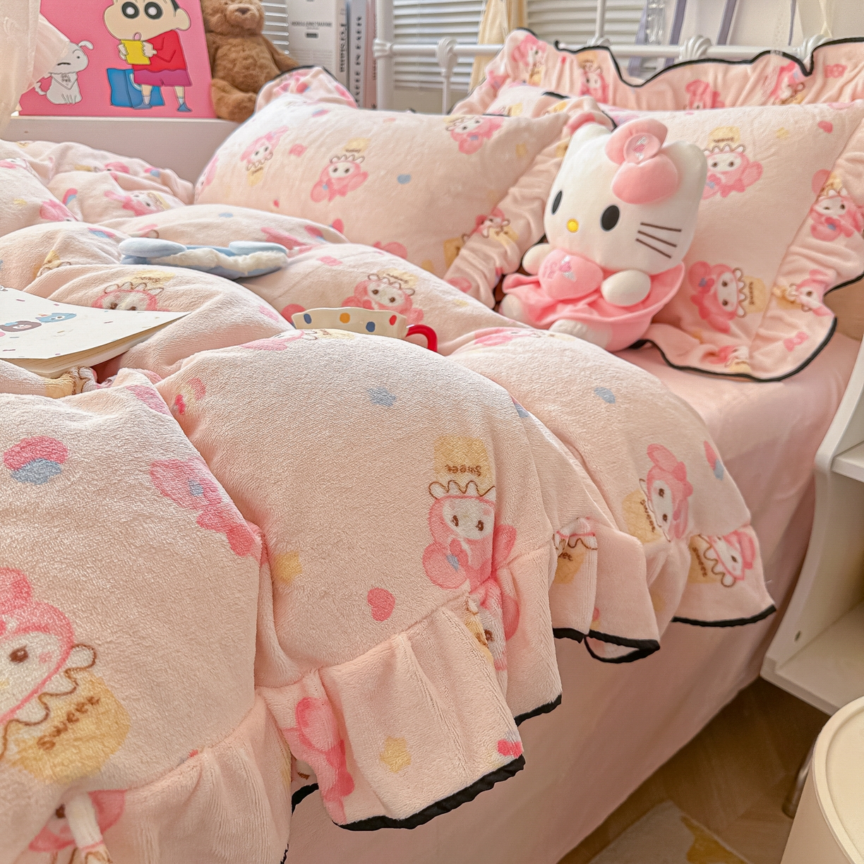 91家纺网 家纺一手货源 找家纺 韩都家居 2025新款亲肤舒适韩版温暖牛奶绒四件套-花边款 美乐