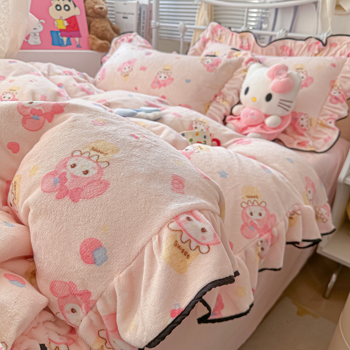 91家纺网 家纺一手货源 找家纺 韩都家居 2025新款亲肤舒适韩版温暖牛奶绒四件套-花边款 美乐