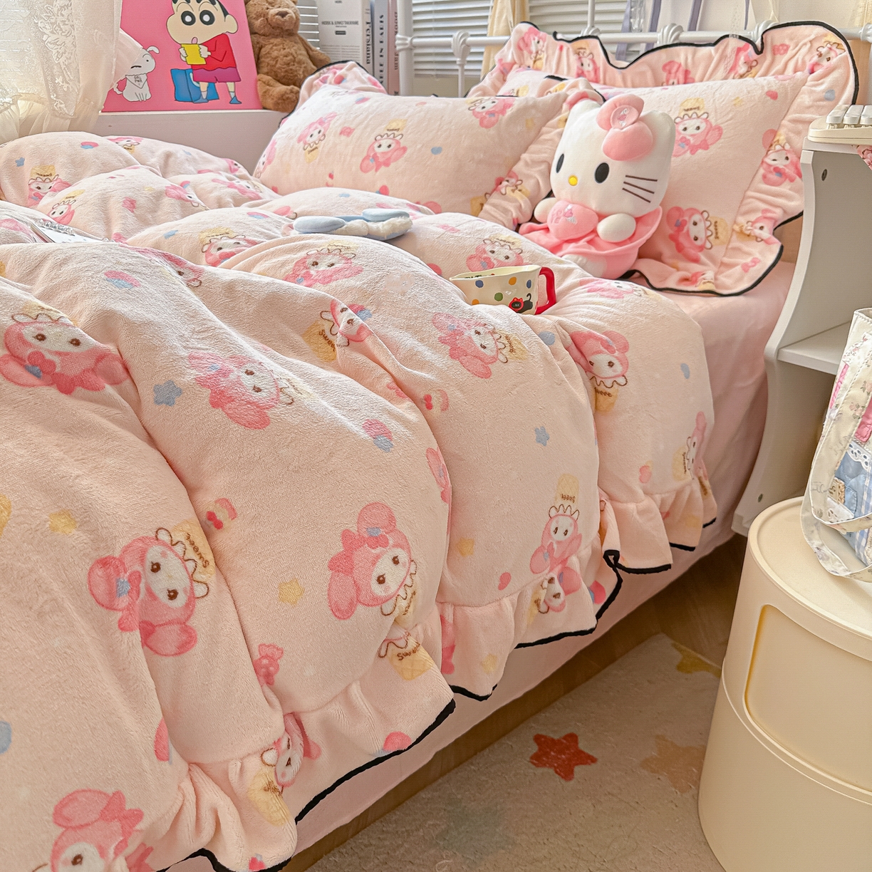 91家纺网 家纺一手货源 找家纺 韩都家居 2025新款亲肤舒适韩版温暖牛奶绒四件套-花边款 美乐