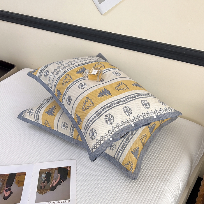 91家纺网 家纺一手货源 找家纺 悦然毛巾被 2025新款四层纱全棉纱布枕套 冰轮树影-蓝