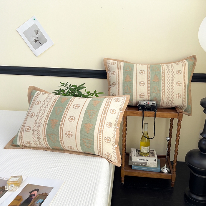 91家纺网 家纺一手货源 找家纺 悦然毛巾被 2025新款四层纱全棉纱布枕套 冰轮树影-绿