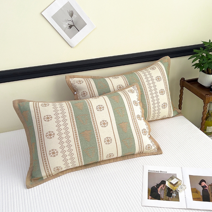 91家纺网 家纺一手货源 找家纺 悦然毛巾被 2025新款四层纱全棉纱布枕套 冰轮树影-绿