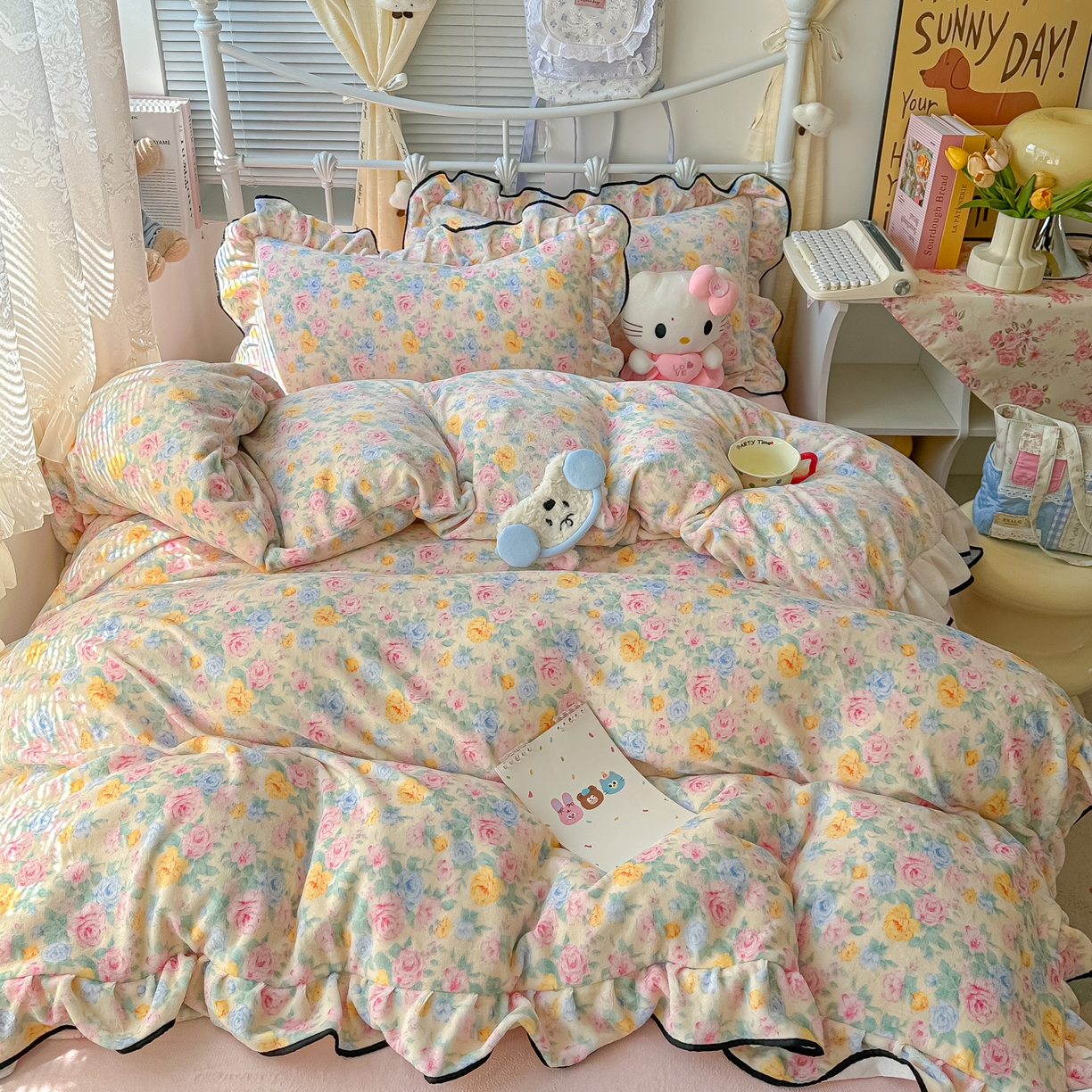 韩都家居 2025新款亲肤舒适韩版温暖牛奶绒四件套-花边款 韵彩