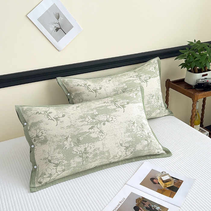 91家纺网 家纺一手货源 找家纺 悦然毛巾被 2025新款四层纱全棉纱布枕套 花树绿