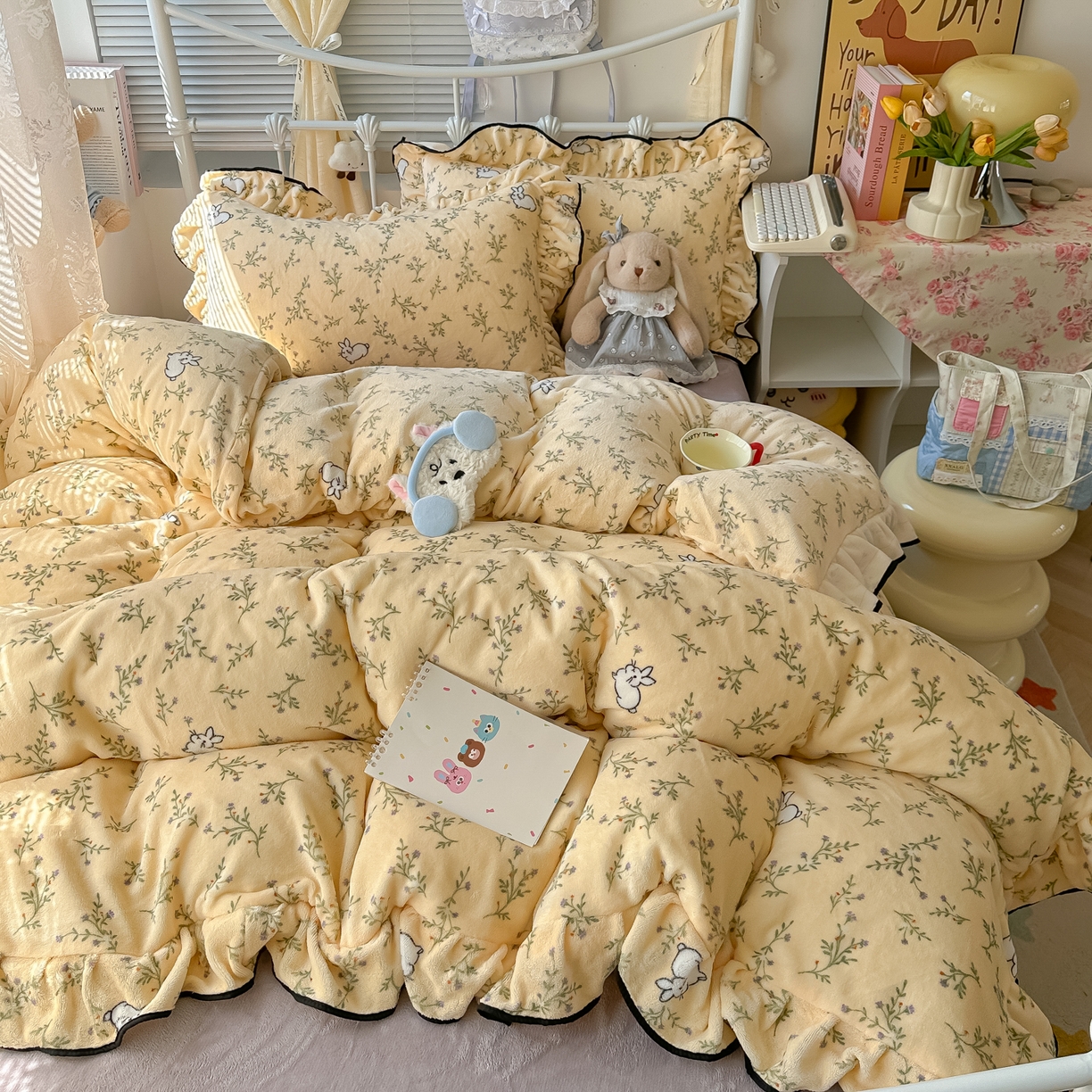 韩都家居 2025新款亲肤舒适韩版温暖牛奶绒四件套-花边款 香草兔