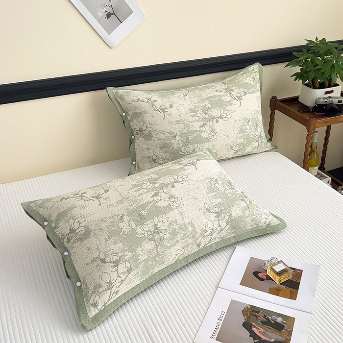 91家纺网 家纺一手货源 找家纺 悦然毛巾被 2025新款四层纱全棉纱布枕套 花树绿