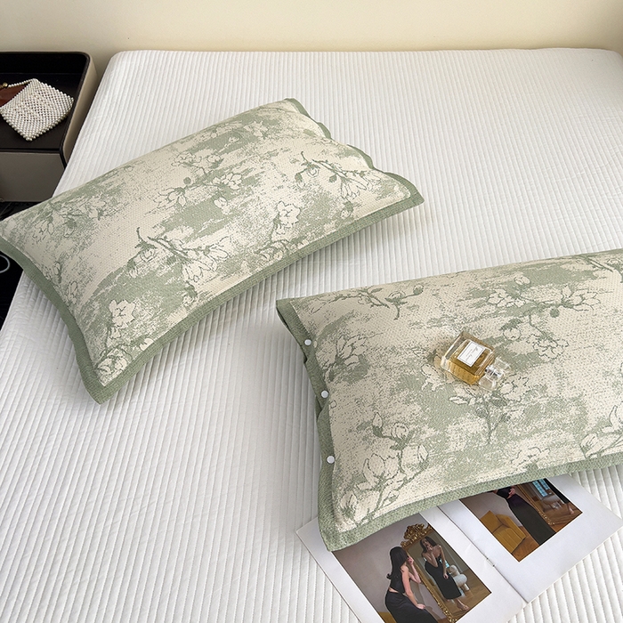 91家纺网 家纺一手货源 找家纺 悦然毛巾被 2025新款四层纱全棉纱布枕套 花树绿