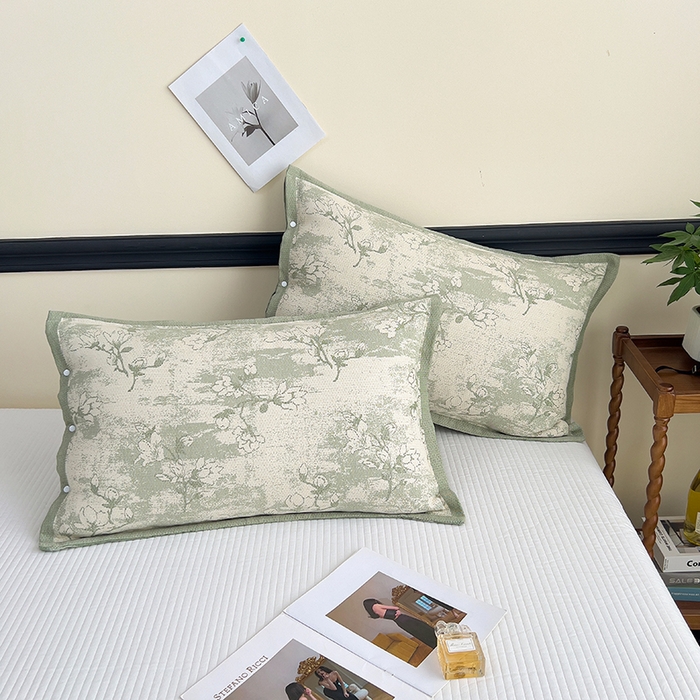 91家纺网 家纺一手货源 找家纺 悦然毛巾被 2025新款四层纱全棉纱布枕套 花树绿