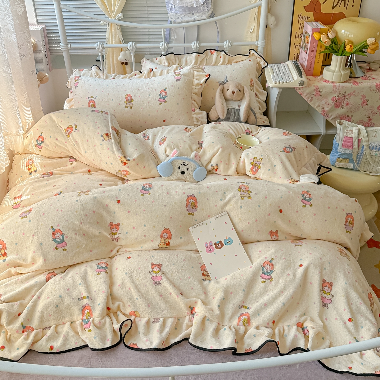 韩都家居 2025新款亲肤舒适韩版温暖牛奶绒四件套-花边款 灿烂时光