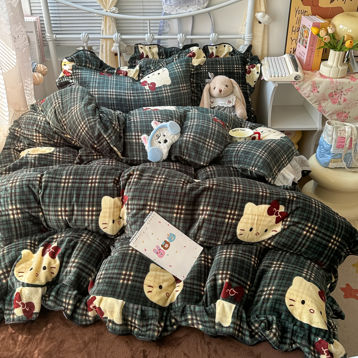 韩都家居 2025新款亲肤舒适韩版温暖牛奶绒四件套-花边款 猫猫汇