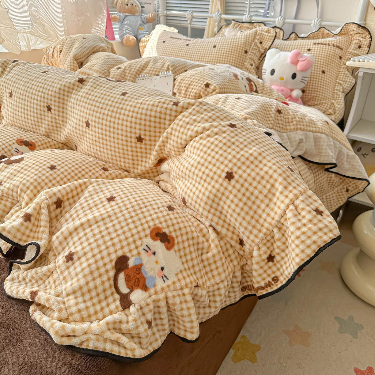 91家纺网 家纺一手货源 找家纺 韩都家居 2025新款亲肤舒适韩版温暖牛奶绒四件套-花边款 星星猫咪