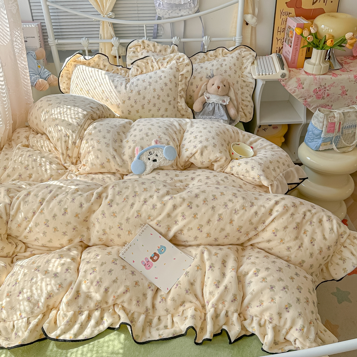 韩都家居 2025新款亲肤舒适韩版温暖牛奶绒四件套-花边款 花苏