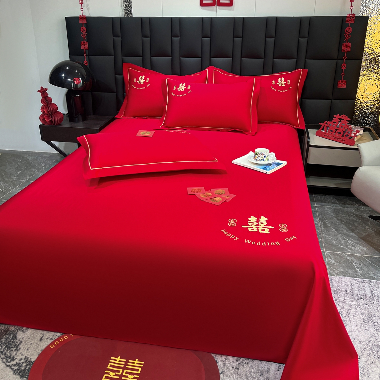 91家纺网 家纺一手货源 找家纺 （总）极梦家纺 2025新款轻奢简约水洗磨毛婚庆系列单品床单大红床单