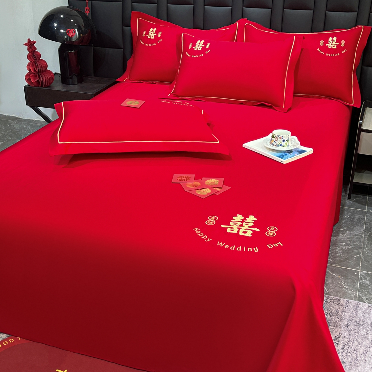 91家纺网 家纺一手货源 找家纺 （总）极梦家纺 2025新款轻奢简约水洗磨毛婚庆系列单品床单大红床单