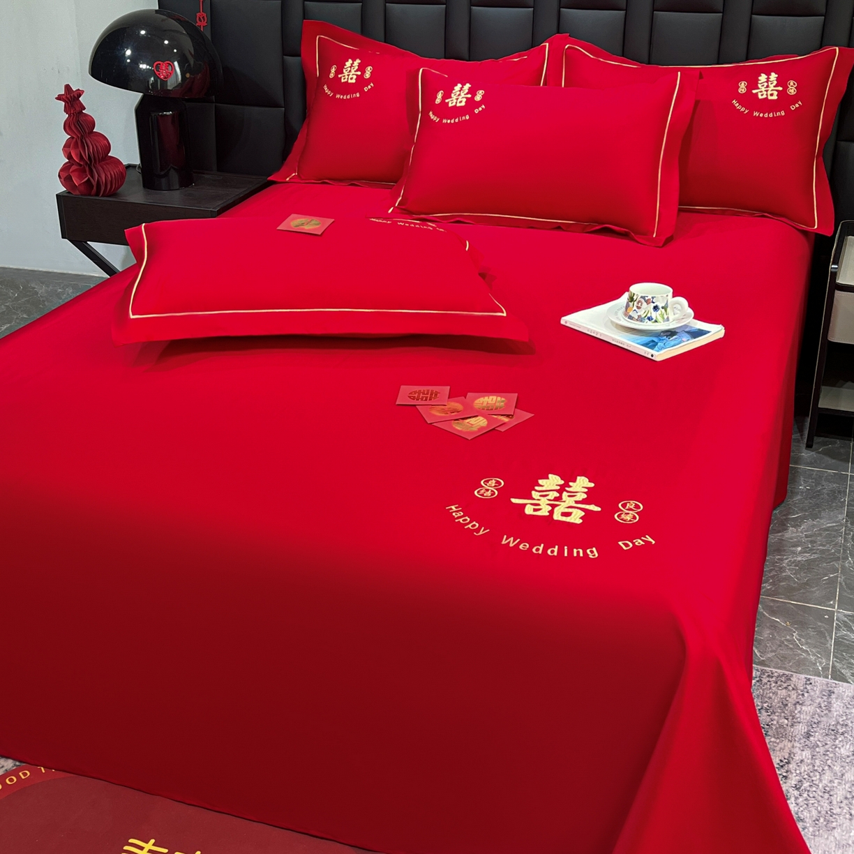 91家纺网 家纺一手货源 找家纺 （总）极梦家纺 2025新款轻奢简约水洗磨毛婚庆系列单品床单大红床单