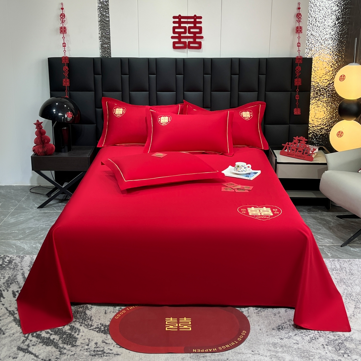 91家纺网 家纺一手货源 找家纺 （总）极梦家纺 2025新款轻奢简约水洗磨毛婚庆系列单品床单大红床单