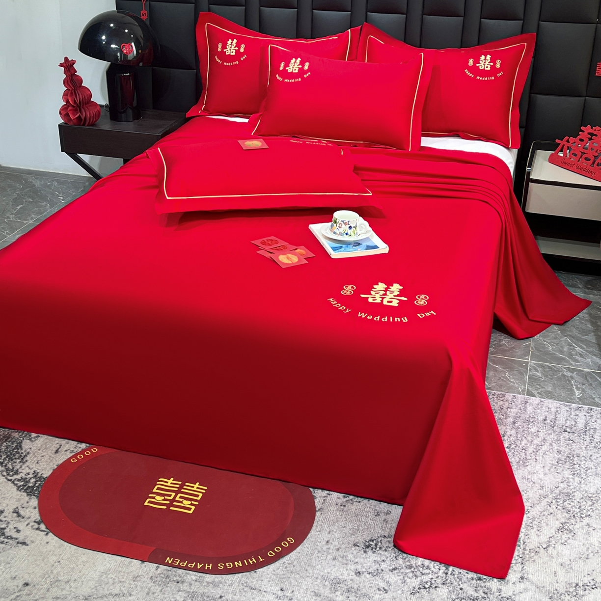 91家纺网 家纺一手货源 找家纺 （总）极梦家纺 2025新款轻奢简约水洗磨毛婚庆系列单品床单大红床单